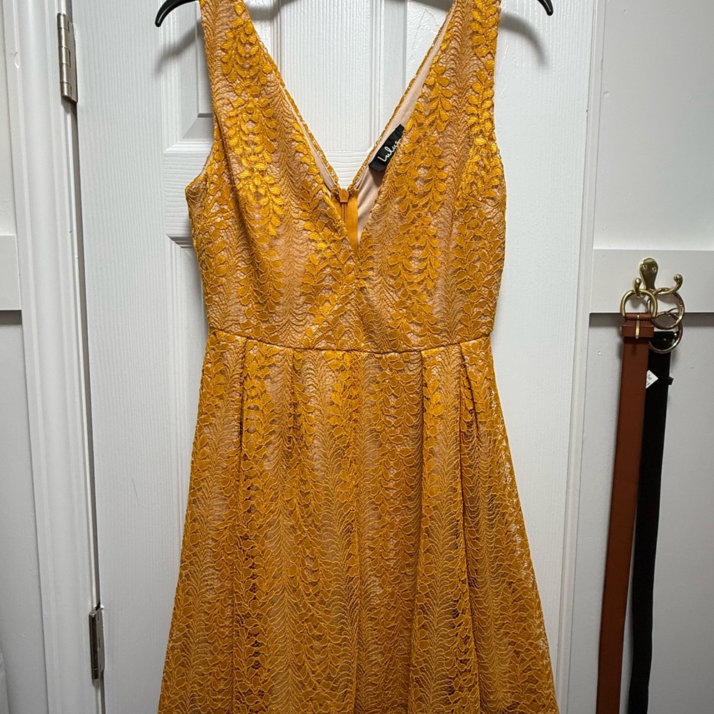 Lulu's Mustard Lace Midi Dress